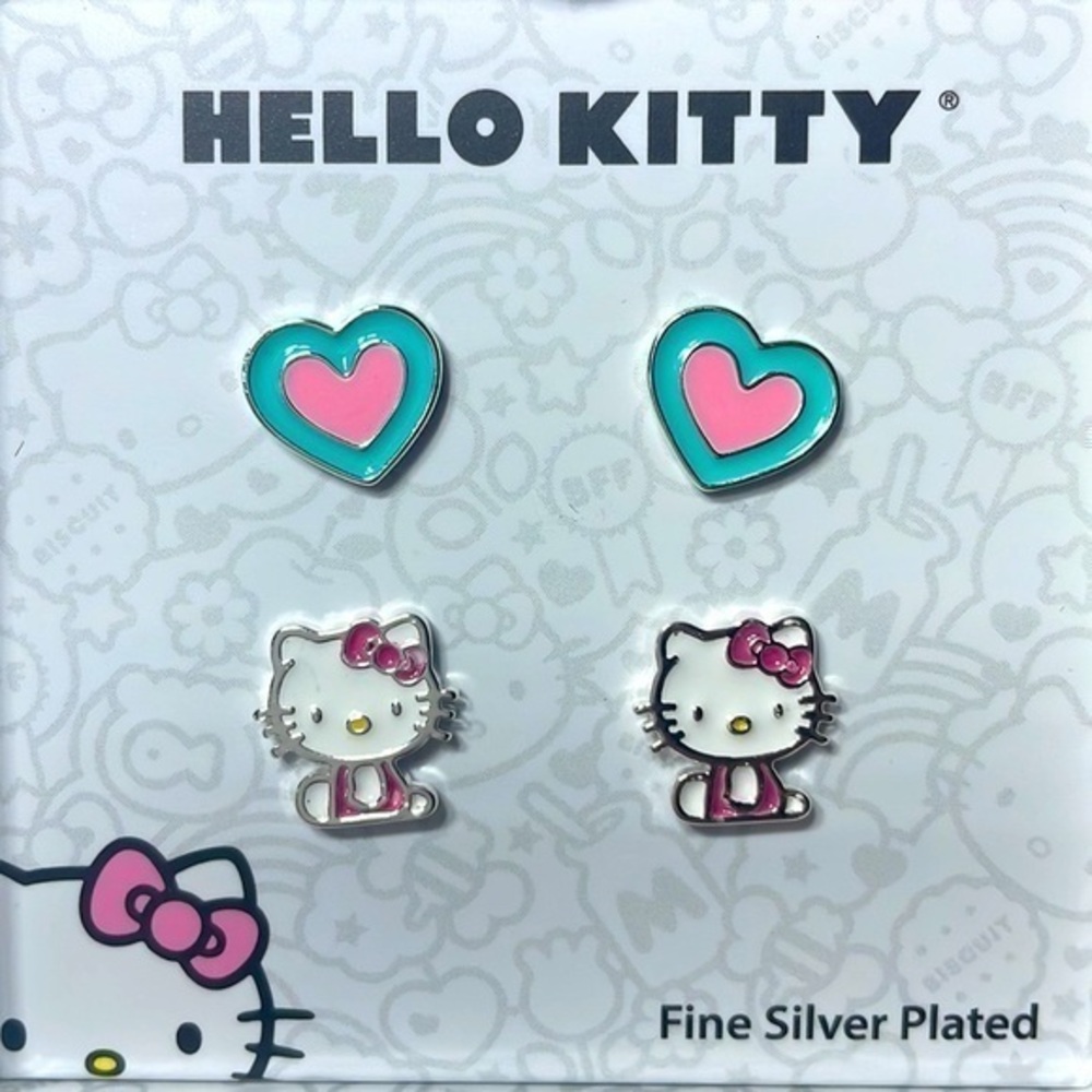 Hello Kitty & Hearts Earring Set (2 Pairs) Sanrio Brass & Fine Silver Plated NEW